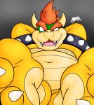 3_toes absurd_res anthro barefoot belly benjipaws bowser claws foot_focus hair hi_res horn koopa looking_at_viewer male mario_bros navel nintendo nude open_mouth red_eyes red_hair scalie signature slightly_chubby soles solo spikes toes video_games 