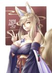  1girl 2020 animal_ear_fluff animal_ears bangs bare_shoulders between_breasts blonde_hair breasts cleavage collarbone detached_sleeves fox_ears fox_tail highres japanese_clothes kazuki_seihou large_breasts long_hair looking_at_viewer mouse new_year obi off_shoulder original sash smile solo swept_bangs tail touka_(kazuki_seihou) upper_body v 