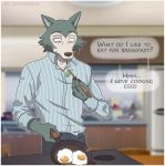  ... 2020 ? anthro beastars border canid canine canis cheek_tuft chopsticks clothed clothing cooking cookware detailed_background egg english_text facial_tuft frying_pan fully_clothed fur grey_body grey_fur hi_res inside kitchen kitchen_utensils legoshi_(beastars) male mammal solo text tommysamash tools tuft white_border wolf 