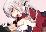 1boy 1girl bangs black_hair blush braid breasts breasts_outside fate/grand_order fate_(series) florence_nightingale_(fate/grand_order) folded_ponytail gloves jacket large_breasts long_hair long_sleeves open_clothes open_jacket open_mouth red_eyes saliva short_hair silver_hair spiked_hair tongue tongue_out zeroshiki_kouichi 