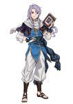  1boy absurdres adapted_costume arthur_(fire_emblem) artur_(fire_emblem) baggy_pants belt book capelet ebinku fire_emblem fire_emblem:_genealogy_of_the_holy_war full_body grin hand_on_hip highres long_hair open_mouth pants purple_eyes purple_hair sandals sash scarf smile solo standing white_background 