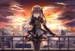  absurdres black_gloves black_skirt brown_eyes brown_hair clming cloud cloudy_sky commentary dusk english_commentary eyebrows_visible_through_hair fingerless_gloves girls_frontline gloves hair_between_eyes highres jacket leaning_on_rail long_hair long_sleeves looking_at_viewer one_side_up open_clothes open_jacket pantyhose pleated_skirt scar scar_across_eye shirt skirt sky skyline smile ump45_(girls_frontline) white_shirt yellow_eyes 