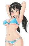  1girl :o aimobake armpits arms_behind_head arms_up ass_visible_through_thighs bare_shoulders bikini black_hair blue_bikini blush breasts brown_eyes cleavage commentary_request cowboy_shot front-tie_bikini front-tie_top glasses highres idolmaster idolmaster_cinderella_girls long_hair looking_at_viewer low_twintails medium_breasts micro_shorts nakano_yuka navel open_fly open_mouth red-framed_eyewear semi-rimless_eyewear shorts simple_background solo standing stomach swimsuit thighs twintails white_background white_shorts 