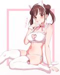  1girl animal_ears bell breasts brown_eyes brown_hair cat_ears cat_lingerie covered_nipples double_bun fake_animal_ears heart_cutout highres idolmaster idolmaster_shiny_colors jingle_bell large_breasts meme_attire panties side-tie_panties simple_background sitting solo sonoda_chiyoko thighhighs trg-_(sain) twintails underwear white_legwear 