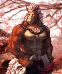  absurd_res anthro artist asian_clothing beads brown_body bullstorm chest_tuft clothing east_asian_clothing equid equine green_eyes hair half_naked hi_res horse japanese_clothing kimono male mammal mane mane_hair muscular nipples sakura_tree sash smile solo tuft 