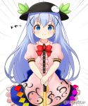  &gt;:) 1girl black_headwear blue_eyes blue_hair blue_skirt blush bow center_frills closed_mouth collared_dress commentary_request cosplay dress emphasis_lines frilled_skirt frills gochuumon_wa_usagi_desu_ka? hair_ornament hands_on_hilt hat hat_ornament hinanawi_tenshi hinanawi_tenshi_(cosplay) kafuu_chino long_hair looking_at_viewer miicha pink_dress puffy_short_sleeves puffy_sleeves red_bow short_sleeves simple_background skirt smile solo sword_of_hisou tippy_(gochiusa) touhou twitter_username very_long_hair white_background x_hair_ornament 