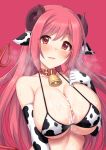  1girl after_paizuri animal_ears animal_print bangs bare_shoulders bell bell_collar blush breasts cleavage collar collarbone cow_bell cow_ears cow_print cum cum_on_body cum_on_breasts cum_on_upper_body curled_horns demon_horns demon_tail elbow_gloves gloves horns horosuke_(toot08) large_breasts long_hair looking_at_viewer minami_suzuna navel parted_lips pink_background pink_eyes pink_hair princess_connect! princess_connect!_re:dive simple_background smile solo tail 