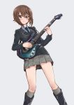  1girl bangs black_footwear black_jacket black_neckwear boots brown_eyes brown_hair carrying closed_mouth collaboration commentary_request depayama_(depaty) dress_shirt electric_guitar eyebrows_visible_through_hair girls_und_panzer grey_background grey_legwear grey_shirt grey_skirt guitar instrument jacket light_blush long_sleeves looking_at_viewer mamu_t7s military military_uniform miniskirt music necktie niedersachsen_military_uniform nishizumi_maho playing_instrument pleated_skirt shirt short_hair simple_background skirt smile socks solo standing uniform wing_collar zipper 
