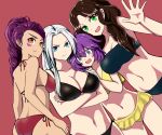  4girls absurdres ahoge ass back bandeau bangs bernadetta_von_varley bikini bikini_skirt black_bikini blue_eyes blush braid braided_ponytail breast_hold breasts brown_hair cleavage closed_mouth cowboy_shot crossed_arms dark_skin dorothea_arnault dutch_angle edelgard_von_hresvelg facepaint fire_emblem fire_emblem:_three_houses forehead french_braid green_eyes hair_between_eyes highres large_breasts long_hair looking_at_viewer medium_breasts midriff mikanbisya multiple_girls navel open_mouth orange_eyes parted_bangs petra_macneary ponytail purple_hair red_background red_bikini short_hair side-tie_bikini side_braid sideboob silver_eyes silver_hair simple_background small_breasts smile swimsuit thighs waving yellow_bikini 