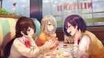  3girls :d blue_eyes blush bow bowtie braid brat brown_hair brown_sweater cake cardigan closed_mouth collared_shirt commentary_request copyright_name couch cup drinking_glass drinking_straw feeding food fork grey_hair hair_down hair_ornament hair_tucking hairclip highres higuchi_kaede holding holding_cup holding_fork indoors long_hair long_sleeves mirror_writing multiple_girls necktie nijisanji on_couch open_mouth orange_cardigan purple_eyes purple_hair purple_neckwear rain red_neckwear saucer school_uniform shirt shizuka_rin sitting slice_of_cake smile sweat sweater sweater_vest table tea teacup tsukino_mito very_long_hair virtual_youtuber white_shirt window yellow_eyes 
