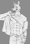 absurd_res anthro canid canine canis clothed clothing clothing_lift gloves handwear hi_res line_art male mammal monochrome orioz punk shirt shirt_lift solo topwear wolf 