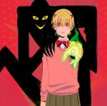  1boy 1girl absurdres blonde_hair bow brown_eyes closed_mouth copyright_request fingernails green_eyes hair_between_eyes hand_on_shoulder highres looking_at_viewer monster patterned patterned_background pointing red_bow red_neckwear sarakipin shadow short_hair skirt smile yellow_sclera 