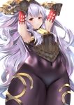  1girl armpits arms_behind_head black_bodysuit bodysuit breastplate cameltoe gauntlets granblue_fantasy highres medusa_(shingeki_no_bahamut) navel red_eyes sg_(satoumogumogu) silver_hair solo thick_thighs thighs wavy_hair 