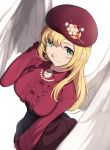  1girl angel_wings beret blonde_hair blouse character_request dress from_above green_eyes hat highres long_sleeves looking_at_viewer purple_dress purple_headwear red_blouse sblack simple_background smile solo star_ocean star_ocean_anamnesis white_background wings 