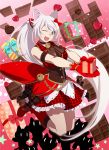  1girl ;3 ;d animal_ears bell bell_choker black_hanekawa boots bow box breasts cat_ears cat_girl chocolate choker fangs gift gift_box gloves hair_bow hanekawa_tsubasa heart large_breasts long_hair looking_at_viewer monogatari_(series) monogatari_series_puc_puc official_art one_eye_closed open_mouth ponytail red_bow red_gloves skirt slit_pupils smile socks solo valentine very_long_hair watanabe_akio white_hair yellow_eyes 