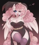  &lt;3 &lt;3_eyes anthro big_breasts blue_eyes breasts bunnywhiskerz cleavage clothed clothing equid equine female hair hi_res looking_at_viewer magic_user magic_wand mammal pink_hair pterippus solo tongue tongue_out wide_hips wings witch 