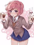  1girl bangs bare_legs blazer blue_skirt blush breasts brown_jacket collared_shirt commentary cowboy_shot cupcake doki_doki_literature_club eyebrows_visible_through_hair eyelashes fang food hair_ornament highres icing jacket long_sleeves looking_at_viewer medium_breasts miniskirt natsuki_(doki_doki_literature_club) neck_ribbon open_mouth orange_vest pastry_bag pink_hair pleated_skirt purple_eyes red_neckwear red_ribbon ribbon school_uniform setuji shirt short_hair short_sidetail simple_background skirt solo standing swept_bangs thighs vest white_background white_shirt wing_collar x_hair_ornament 