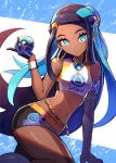  1girl aqua_eyes aqua_hair arm_support armlet black_hair blue_gloves commentary_request dark_skin earrings eyeshadow gloves highres holding holding_poke_ball hoop_earrings jewelry kuroi_susumu long_hair makeup midriff multicolored_hair navel poke_ball pokemon pokemon_(game) pokemon_swsh purple_eyeshadow rurina_(pokemon) single_glove solo sportswear swimsuit tankini two-tone_hair 