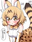  1girl ? animal_ear_fluff animal_ears bare_shoulders belt blonde_hair blush bow bowtie brown_hair commentary_request elbow_gloves extra_ears eyebrows_visible_through_hair gloves gradient_gloves high-waist_skirt highres kemono_friends looking_at_viewer multicolored_hair ngetyan print_gloves print_neckwear print_skirt serval_(kemono_friends) serval_ears serval_girl serval_print serval_tail shirt short_hair skirt sleeveless solo tail translation_request white_gloves white_shirt yellow_eyes 