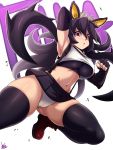  1girl absurdres arm_up black_hair breasts cameltoe clenched_hand cosplay crop_top filia_(skullgirls) full_body highres jmg large_breasts looking_at_viewer midriff miniskirt navel panties red_eyes samson_(skullgirls) skirt skullgirls solo sports_bra thick_thighs thighhighs thighs tifa_lockhart tifa_lockhart_(cosplay) underwear white_panties 