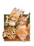  &gt;_&lt; 2girls animal_ears arm_up arms_up belt black_belt blonde_hair blue_eyes blue_shirt bow bowtie brown_hair brown_legwear brown_neckwear brown_skirt caracal_(kemono_friends) claw_pose day dog_ears dog_tail elbow_gloves eyebrows_visible_through_hair gloves grey_headwear helmet high-waist_skirt kemono_friends kneeling kyururu_(kemono_friends) leaning_to_the_side looking_at_another looking_at_viewer medium_hair miniskirt multiple_girls nyororiso_(muyaa) open_mouth outdoors outside_border pith_helmet print_gloves print_legwear print_neckwear serval_(kemono_friends) serval_ears serval_print serval_tail shirt shoes short_hair sitting skindentation skirt sleeveless sleeveless_shirt tail thighhighs triangle_mouth white_footwear white_gloves white_shirt yellow_eyes yellow_legwear yellow_neckwear yellow_skirt 