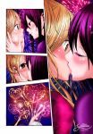  2girls aihara_mei aihara_yuzu black_hair blonde_hair blush citrus_(saburouta) closed_eyes dated fireworks green_eyes highres japanese_clothes kimono kiss long_hair looking_at_another mistress_yazmin multiple_girls multiple_views outdoors purple_eyes shiny shiny_hair yukata yuri 