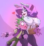  &lt;3 basket big_breasts bigdad blush bodily_fluids bracelet breast_squish breasts dragon duo egg equid fake_ears fake_rabbit_ears female friendship_is_magic horn humanoid jewelry male male/female mammal my_little_pony nipples one_eye_closed open_mouth rarity_(mlp) reverse_bunny_costume size_difference spike_(mlp) spiked_bracelet spikes squish sweat unicorn wink 