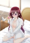  1girl absurdres blush bottomless breasts dress_shirt hair_ornament_removed highres indoors kantai_collection kisaragi_(kantai_collection) large_breasts long_hair long_sleeves naked_shirt nose_blush on_bed open_clothes open_shirt purple_eyes shirt sitting sitting_on_bed solo user_fpcp8535 wariza white_shirt 