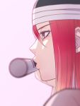  1girl absurdres bangs blue_background commentary_request face flute from_side hat highres instrument lips long_hair miru_(wvjc7832) naruto naruto_(series) red_hair simple_background solo tayuya white_headwear 