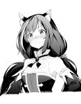  1girl absurdres animal_ear_fluff animal_ears blush bow breasts brooch cat_ears cat_girl closed_mouth cropped_torso detached_sleeves gem greyscale hair_bow high_collar highres jewelry karyl_(princess_connect!) long_hair low_twintails monochrome multicolored_hair princess_connect! simple_background solo streaked_hair sweat sweatdrop tsukamoto_minori twintails upper_atmosphere_research_satellite upper_body white_background 