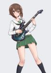  1girl alternate_hair_ornament bangs black_legwear black_neckwear blouse brown_eyes brown_hair carrying closed_mouth collaboration commentary_request depayama_(depaty) electric_guitar eyebrows_visible_through_hair girls_und_panzer green_skirt guitar instrument light_blush long_sleeves looking_at_viewer mamu_t7s miniskirt music neckerchief nishizumi_maho ooarai_school_uniform playing_instrument pleated_skirt school_uniform serafuku short_hair simple_background skirt smile socks solo standing white_blouse 