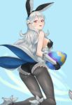  1girl animal_ears aqua_background ass assisted_exposure bare_shoulders black_gloves black_legwear black_leotard breasts bunny_ears bunnysuit corrin_(fire_emblem) corrin_(fire_emblem)_(female) easter easter_egg egg eyebrows_visible_through_hair fake_animal_ears feh_(fire_emblem_heroes) fire_emblem fire_emblem_fates fire_emblem_heroes flower from_behind full_body gloves hair_between_eyes hair_flower hair_ornament high_heels highres kneeling knightsaru leotard long_hair looking_at_viewer looking_back medium_breasts open_mouth pantyhose red_eyes sideboob silver_hair simple_background solo_focus vambraces white_footwear wind 