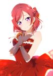  1girl bare_shoulders black_gloves blush collarbone dress earrings frilled_dress frills gloves highres jewelry looking_at_viewer love_live! love_live!_school_idol_project medium_hair necklace nishikino_maki pearl_necklace purple_eyes red_dress red_hair sidelocks simple_background smile solo strapless strapless_dress white_background yu-ta 