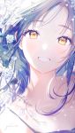  1girl :d bare_shoulders black_hair blush collarbone commentary english_commentary flower forehead gomzi long_hair looking_at_viewer open_mouth original petals portrait signature smile solo spaghetti_strap white_flower yellow_eyes 