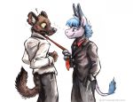  2020 aggressive_retsuko anthro asinus blush clothed clothing digital_media_(artwork) donkey duo equid equine eye_contact fully_clothed fur haida hyaenid kenket looking_at_another male male/male mammal necktie necktie_grab sanrio spotted_hyena tadano_(aggretsuko) watermark 