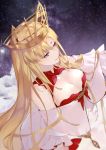  1girl bare_shoulders blonde_hair blue_eyes blush breasts cleavage cleavage_cutout closed_mouth cloud commentary_request crown detached_sleeves europa_(fate/grand_order) fate/grand_order fate_(series) from_above from_side large_breasts leaning_forward long_hair long_sleeves nello_(luminous_darkness) night night_sky pink_lips sky smile solo star_(sky) starry_sky straight_hair two-tone_dress very_long_hair 