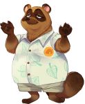  2020 animal_crossing anthro antoinsaintjust belly blue_eyes bottomwear brown_body brown_fur canid canine clothing fur male mammal nintendo overweight overweight_male raccoon_dog shirt shorts simple_background solo tanuki tom_nook_(animal_crossing) topwear video_games white_background 