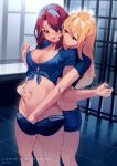  2girls aka--chi bangs bars blonde_hair blue_eyes blue_shirt blue_shorts blush breasts cleavage collared_shirt finger_in_another&#039;s_navel fingering hair_between_eyes hand_under_clothes hand_under_shorts highres large_breasts long_hair multiple_girls navel open_clothes open_mouth open_shorts original parted_lips prison_cell purple_eyes purple_hair pussy_juice shirt short_shorts shorts smile spread_navel stomach sweat swept_bangs tied_shirt window yuri 