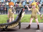  2girls :d animal ankle_boots bangs black_footwear black_legwear blonde_hair blue_eyes blunt_bangs boots brown_shirt brown_shorts buckle closed_mouth collared_shirt commentary cosplay crocodile crocodilian crowd english_commentary feeding fence food girls_und_panzer grass green_eyes hair_ribbon headset holding holding_animal kamonohashi_(girls_und_panzer) koala looking_at_another meat medium_hair messy_hair multiple_girls open_mouth orange_hair ponytail red_ribbon ribbon shirt short_hair short_sleeves shorts smile socks standing steve_irwin steve_irwin_(cosplay) twitter_username voccu wallaby_(girls_und_panzer) watch wristwatch 