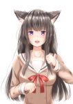  1girl :d absurdres animal_ears bang_dream! black_hair blush cat_ears clenched_hands commentary_request double-breasted hanasakigawa_school_uniform highres kemonomimi_mode kisaragi_yaya long_hair long_sleeves looking_at_viewer neck_ribbon open_mouth paw_pose purple_eyes red_neckwear ribbon sailor_collar school_uniform shirokane_rinko simple_background smile solo upper_body white_background 