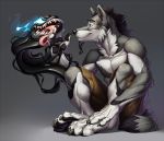  5_fingers anthro canid canine canis clothed clothing digital_media_(artwork) duo fingers fur grey_body grey_fur hair kahito-slydeft male mammal marvel open_mouth pawpads paws simple_background sitting smile teeth tongue tongue_out topless venom_(marvel) white_body white_fur wolf 