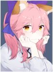  1girl animal_ear_fluff animal_ears blue_ribbon blush eyebrows_visible_through_hair fate/extella fate/extra fate/grand_order fate_(series) fox_ears fox_girl grey_background hair_ribbon hand_on_own_face highres ieufg light_smile looking_at_viewer pink_hair ribbon simple_background solo tamamo_(fate)_(all) tamamo_no_mae_(fate) yellow_eyes 