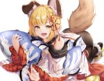  1girl :d animal_ears bangs bare_shoulders black_legwear blonde_hair blush braid detached_sleeves dog_ears dog_tail erune eyebrows_visible_through_hair granblue_fantasy hair_ornament high_heels hyouta_(yoneya) lips looking_at_viewer open_mouth pantyhose pillow sandals short_hair simple_background smile solo tail thighband_pantyhose vajra_(granblue_fantasy) white_background wide_sleeves 