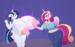  absurd_res anthro big_breasts blush bodily_fluids breasts clothing comfyplum cutie_mark duo equid female female/female friendship_is_magic genitals hi_res horn huge_breasts lactating mammal my_little_pony princess_cadance_(mlp) pussy shining_armor_(mlp) unicorn winged_unicorn wings 