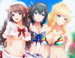  3girls :d :o =d =o arms_behind_back bare_shoulders beads bikini bikini_skirt black_hair blonde_hair blue_bow blue_eyes blue_sky blurry_foreground blush bow breasts brown_eyes brown_hair cleavage cloud collarbone crop_top cross-laced_skirt eyebrows_visible_through_hair frilled_bikini frills front-tie_bikini front-tie_top hair_beads hair_bow hair_ornament hairband hat heart heart_necklace high_ponytail highres idolmaster idolmaster_cinderella_girls jewelry large_breasts long_hair looking_at_viewer medium_breasts multicolored multicolored_bikini multicolored_clothes multiple_girls navel necklace ootsuki_yui open_mouth outdoors pleated_skirt red_bow ryuu. sagisawa_fumika sailor_collar sailor_hat see-through shimamura_uzuki short_sleeves sidelocks skirt sky sleeveless smile star star_necklace strapless striped striped_bikini swimsuit teeth tied_hair underboob white_skirt 