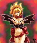  bat_wings blonde_hair breast_squeeze breasts bright_pupils covering cowboy_shot crossed_arms demon_girl disgaea hisahiko large_breasts makai_senki_disgaea_2 navel nude nude_cover pointy_ears red_eyes ribbon rozalin solo standing wings 