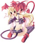  blonde_hair bow demon_girl disgaea elbow_gloves etna flonne flonne_(fallen_angel) gloves hair_ribbon long_hair makai_senki_disgaea multiple_girls no_panties red_eyes red_hair ribbon sazaki_ichiri skirt skirt_lift tail tail_bow thighhighs twintails wings 