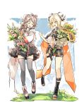  2girls :d ^_^ animal_ears arknights black_footwear black_skirt blonde_hair bouquet brown_hair chinese_commentary clenched_hand closed_eyes commentary_request eyjafjalla_(arknights) flower full_body grey_footwear grey_legwear grey_skirt hand_up head_tilt highres holding holding_bouquet holding_flower horns ifrit_(arknights) koli_(ssssoliko) long_sleeves looking_at_viewer low_twintails miniskirt multiple_girls open_mouth open_toe_shoes orange_eyes pink_flower sheep_ears sheep_horns shirt shoes skirt smile sunflower thigh_strap thighhighs twintails white_shirt zettai_ryouiki 
