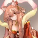  1girl absurdres animal_ear_fluff animal_ears bangs bare_shoulders blush bra breasts cleavage closed_mouth detached_sleeves fate/extra fate/extra_ccc fate/extra_ccc_fox_tail fate/grand_order fate_(series) fox_ears fox_girl grey_background hair_ornament hair_rings highres jewelry large_breasts leaning_forward light_brown_hair long_hair looking_at_viewer neck_ring ootato red_bra red_skirt sash sidelocks simple_background skirt smile solo suzuka_gozen_(fate) underwear yellow_eyes 