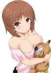  1girl bandages bandaid bangs bare_shoulders blush boko_(girls_und_panzer) breasts brown_eyes brown_hair casual cleavage closed_mouth collarbone commentary eyebrows_visible_through_hair girls_und_panzer highres holding holding_stuffed_animal kuku123 looking_at_viewer medium_breasts nishizumi_miho object_hug off-shoulder_shirt off_shoulder pink_shirt shirt short_hair short_sleeves simple_background smile solo stuffed_animal stuffed_toy teddy_bear upper_body white_background 